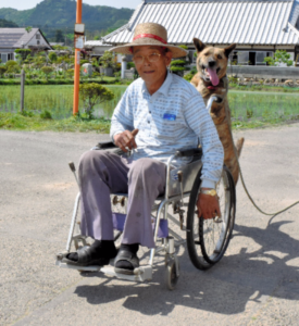 斎藤政男さんが乗った車いすを押しながら水田が広がる田舎道を散歩する忠犬リリ＝栃木県塩谷町